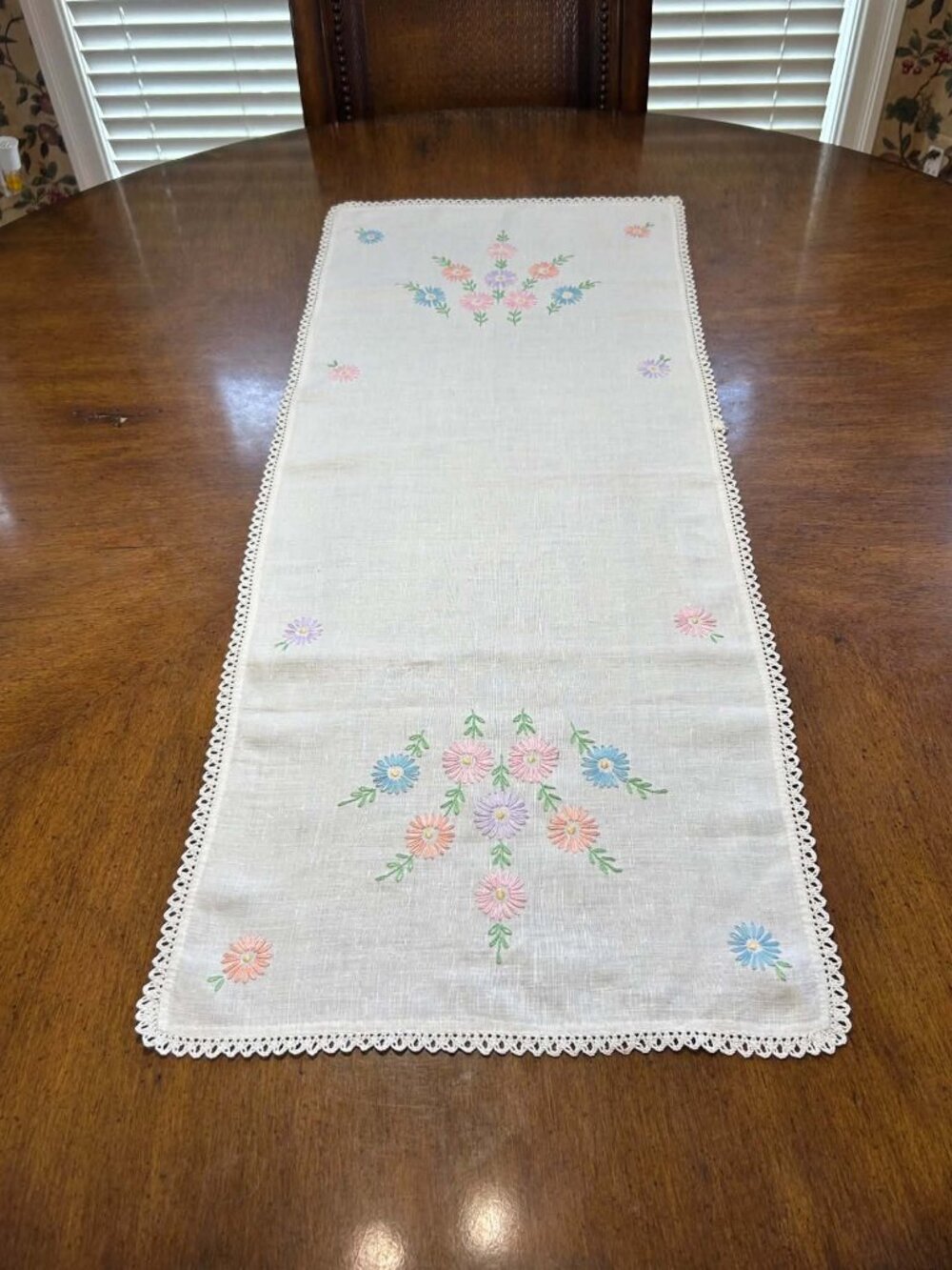 Vintage Hand Embroidered Floral Table Runner Dresser Scarf Crochet Lace